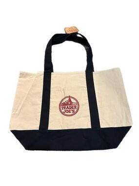 Trader Joe’s Large Canvas Tote Bag Navy Blue Embroidered Logo Shopper